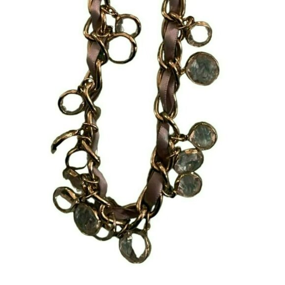 Vintage Gold Tone Chain Necklace With Brown Taupe Ribbon & Crystal Accents 30" - Picture 2 of 3